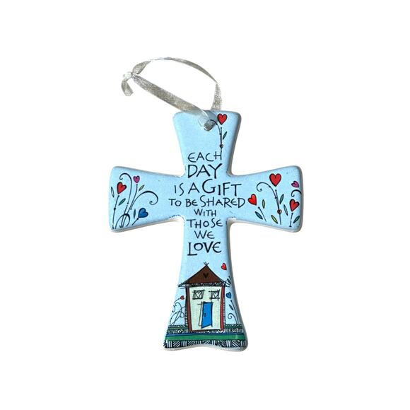 Ceramic Cross Ornament With Quote, Ribbon Christian Gift Home Decor Wall Hanging - Picture 5 of 5